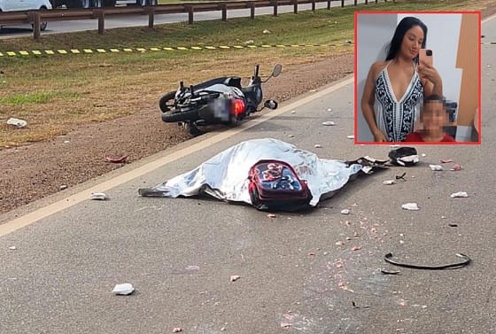 Grávida morre em acidente brutal entre moto e carreta em Rondonópolis; criança está em estado gravíssimo