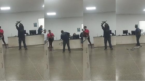 Paciente parte para cima de recepcionista com muleta e causa quebra-quebra em UPA de Cuiabá; VEJA VÍDEO
