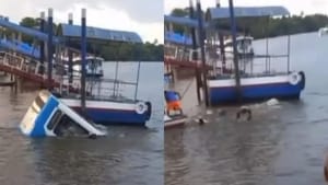 Ônibus com passageiros cai em rio após perder o controle em rampa de porto; VEJA VÍDEO